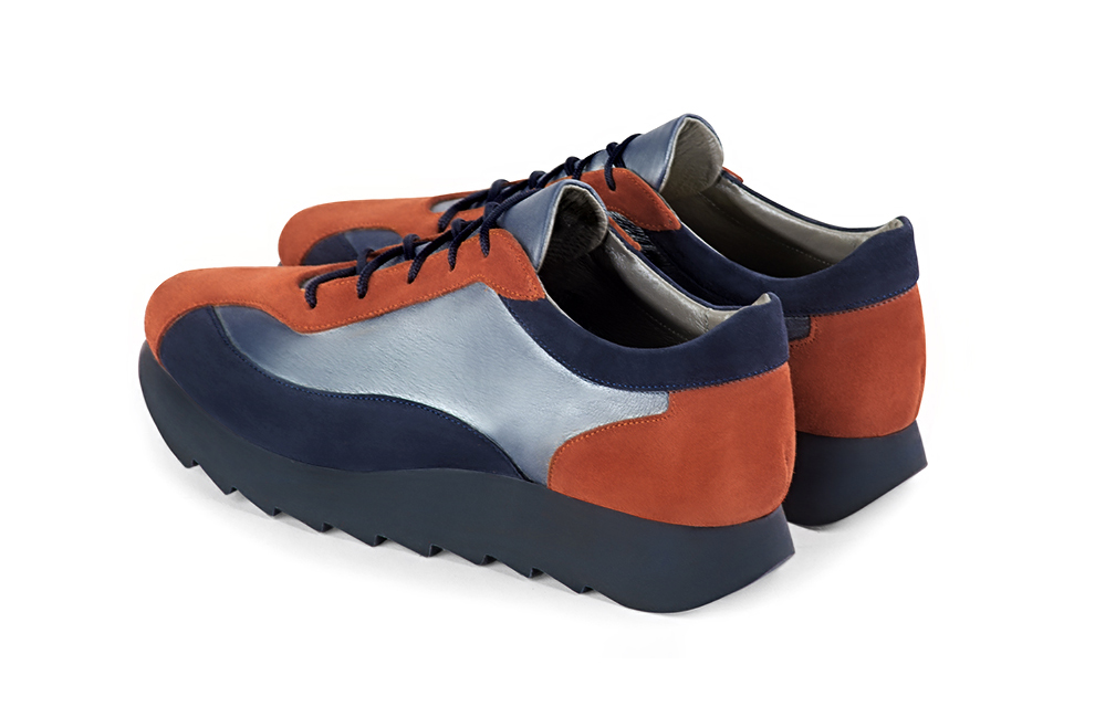 Terracotta orange and denim blue women's three-tone elegant sneakers. Round toe. Low rubber soles. Rear view - Florence KOOIJMAN